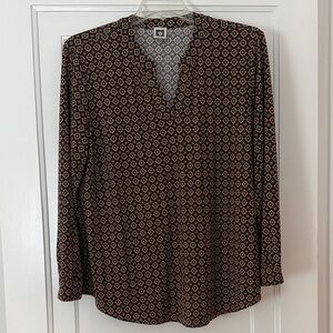 Anne Klein 1X Printed Blouse | Plus Size Career Top | Long Sleeve V-Neck